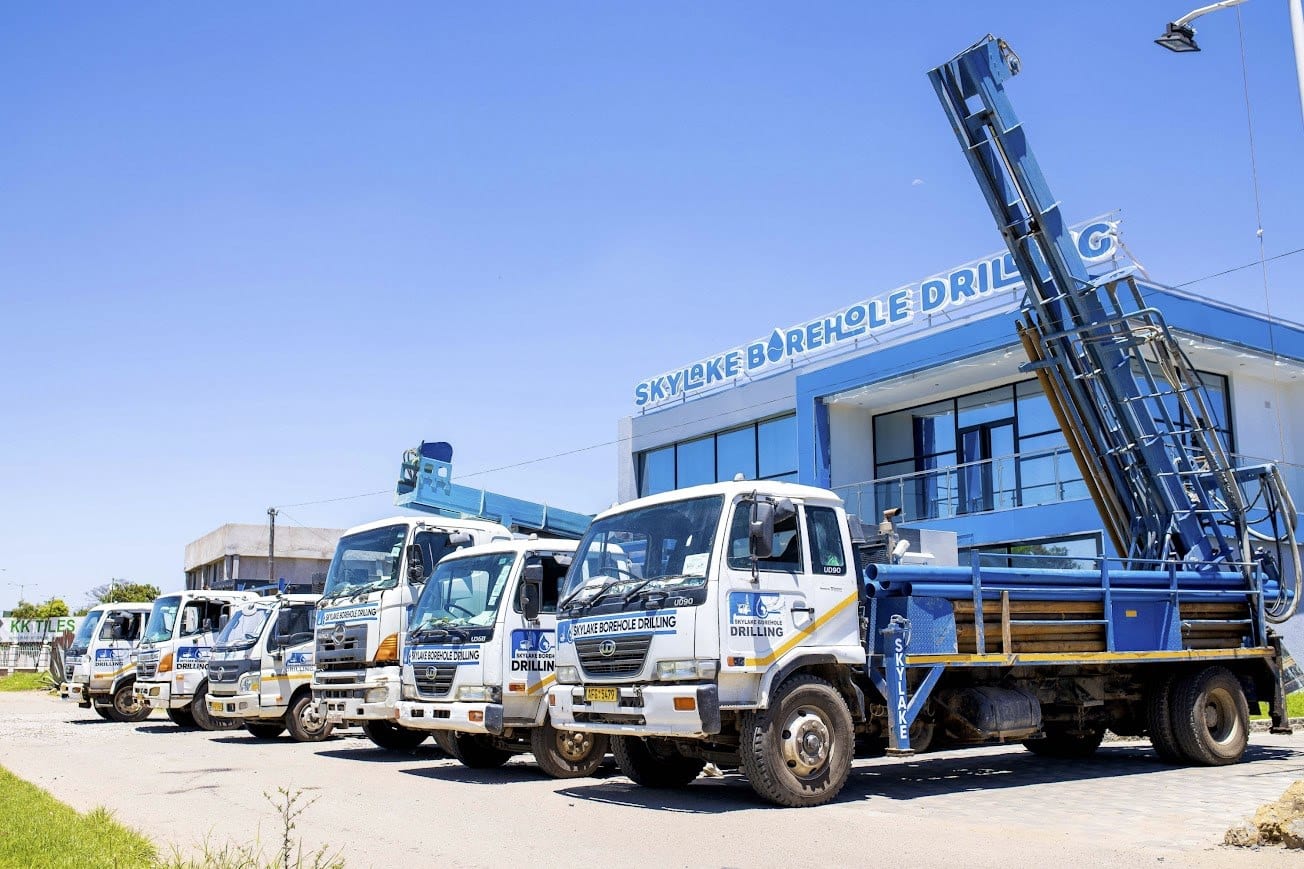 A Skylake drilling rig and support trucks at the yard